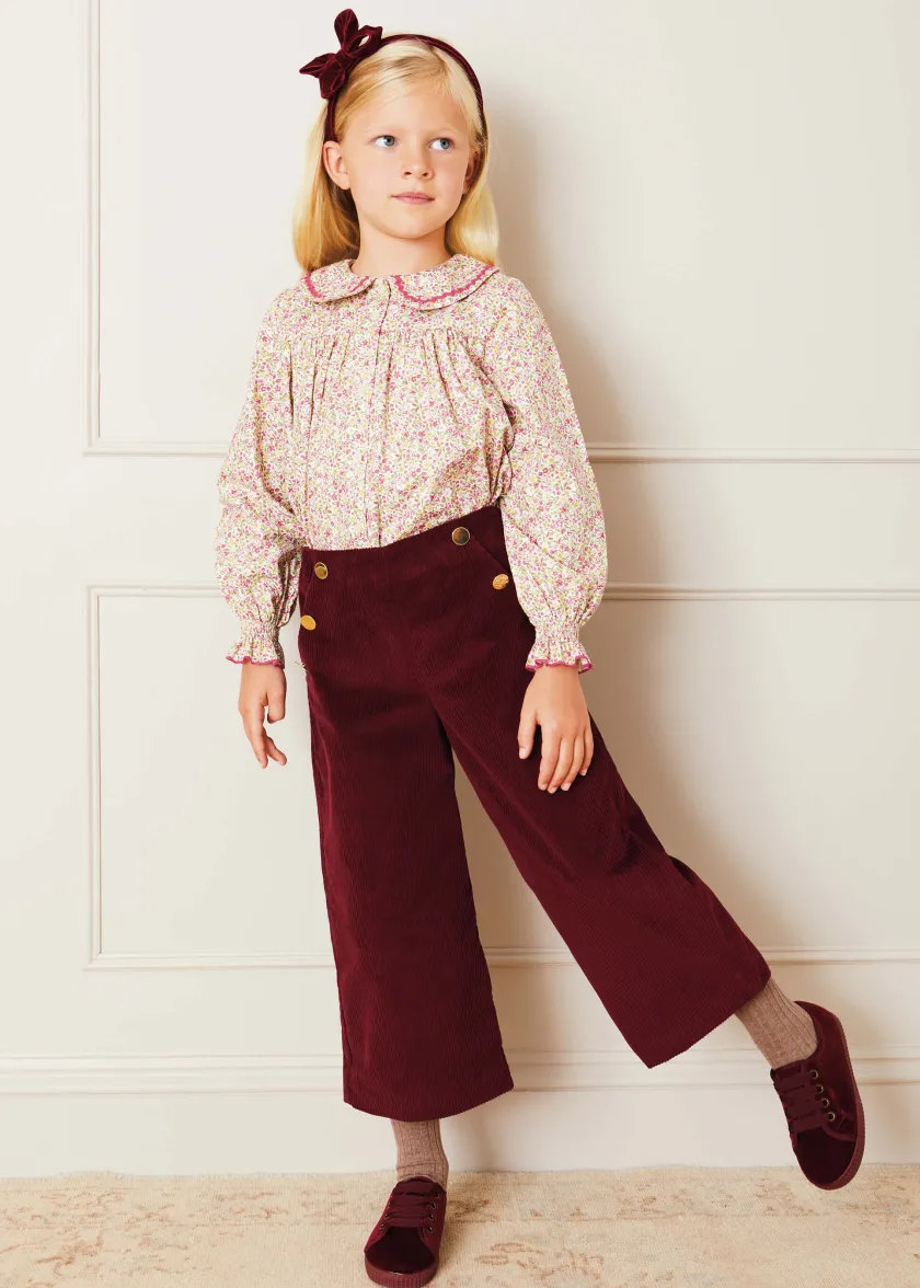 Trousers | Pepa London Corduroy Wide Leg Gold Button Trousers in Burgundy (4-10yrs)