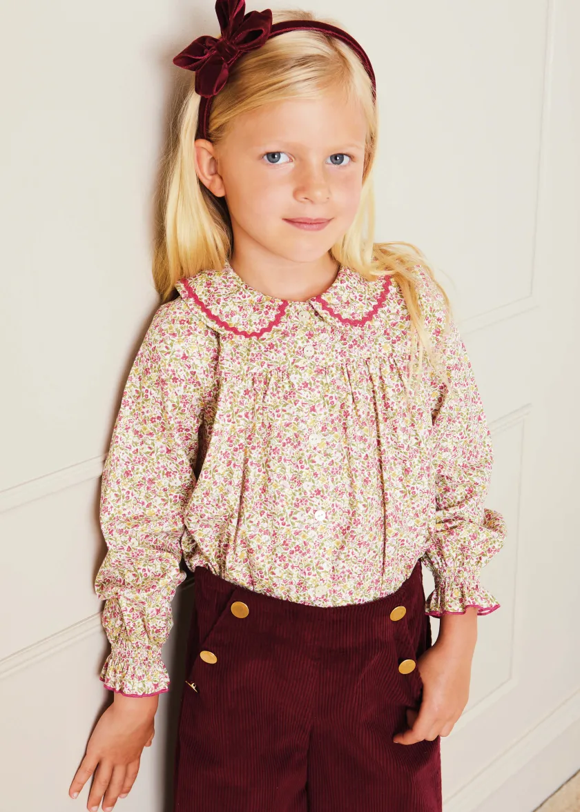 Trousers | Pepa London Corduroy Wide Leg Gold Button Trousers in Burgundy (4-10yrs)