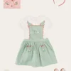 Lookbooks | Pepa London Duck Embroidered Scallop Detail Skirt With Braces in Green (18mths-6yrs) | Hand Smocked Collar Short Sleeve Blouse in White (18mths-6yrs) | Strawberry Embroidery Cardigan in Pink (12mths-6yrs) | Mary Jane Baby Shoes in Pink (20-26EU) | Raspberry Linen Hairband