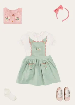 Lookbooks | Pepa London Duck Embroidered Scallop Detail Skirt With Braces in Green (18mths-6yrs) | Hand Smocked Collar Short Sleeve Blouse in White (18mths-6yrs) | Strawberry Embroidery Cardigan in Pink (12mths-6yrs) | Mary Jane Baby Shoes in Pink (20-26EU) | Raspberry Linen Hairband
