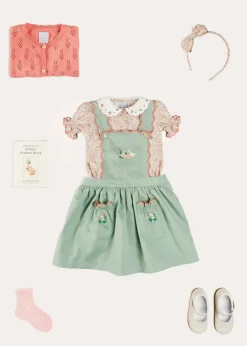Lookbooks | Pepa London Duck Embroidered Scallop Detail Skirt With Braces in Green (18mths-6yrs) | Mabel Floral Embroidered Short Sleeve Blouse in Coral (18mths-10yrs) | Floral Openwork Cotton Cardigan in Pink (2-10yrs) | Mary Jane Leather Baby Shoes in Ivory (20-24EU) | Mabel Floral Hairband in Coral | Openwork short socks - Dusty Pink (0mths-10yrs)