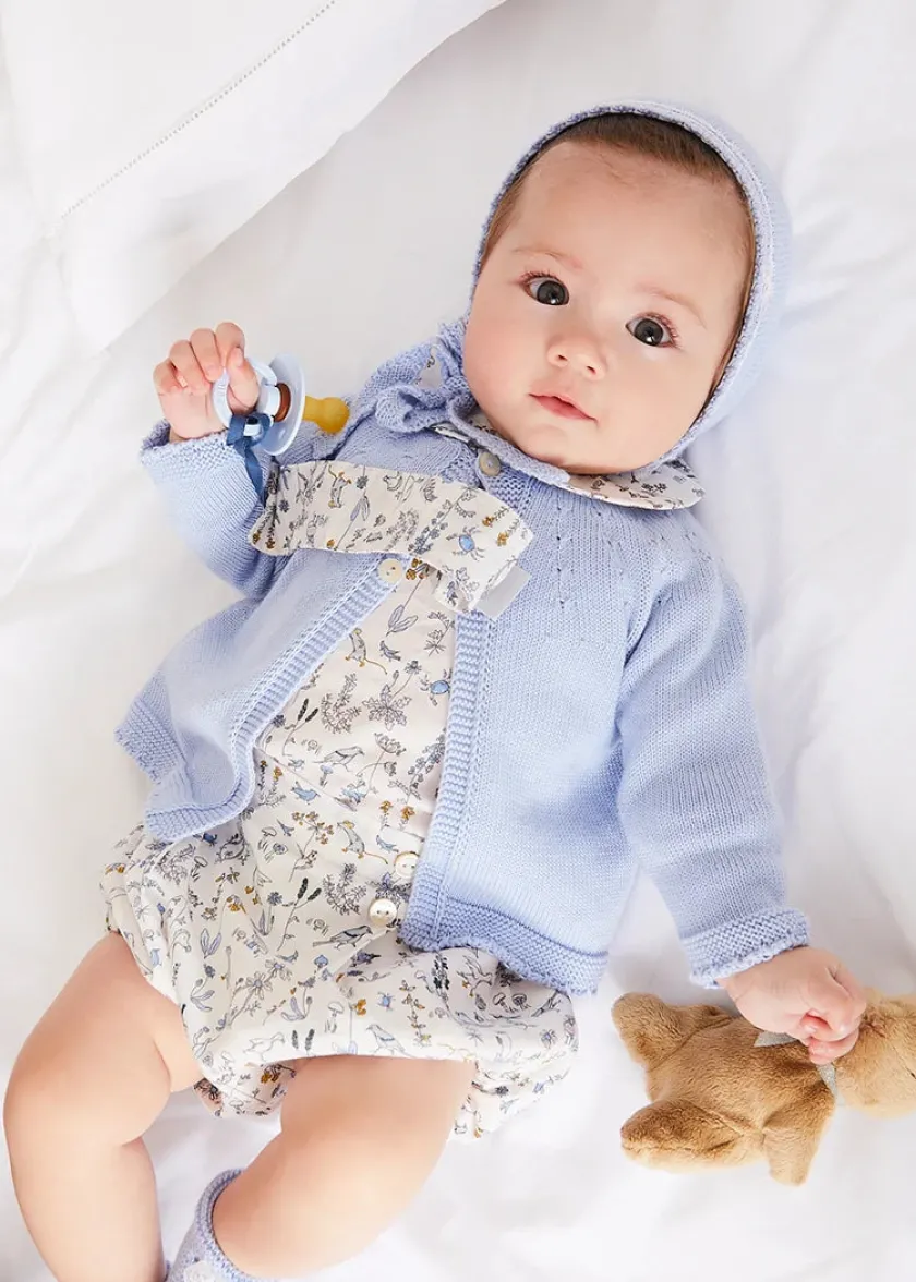 Lookbooks | Pepa London Ellis Floral Long Sleeve Blouse in Blue Made with Liberty Fabric (1-12m) | Ellis Floral Bloomer in Blue Made with Liberty Fabric (1m-3yrs) | Openwork Detail Baby Cardigan in Blue (1-12mths) | Lace Detail Knitted Bonnet in Blue (1-6mths) | Lace Detail Knitted Booties in Blue | Ellis Birds Tie Hat in Blue Made with Liberty Fabric (XS-L) | Ellis Dummy Clip in Blue Made with Liberty Fabric