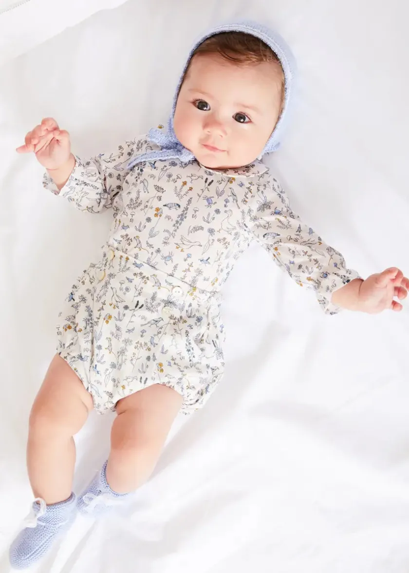 Lookbooks | Pepa London Ellis Floral Long Sleeve Blouse in Blue Made with Liberty Fabric (1-12m) | Ellis Floral Bloomer in Blue Made with Liberty Fabric (1m-3yrs) | Openwork Detail Baby Cardigan in Blue (1-12mths) | Lace Detail Knitted Bonnet in Blue (1-6mths) | Lace Detail Knitted Booties in Blue | Ellis Birds Tie Hat in Blue Made with Liberty Fabric (XS-L) | Ellis Dummy Clip in Blue Made with Liberty Fabric