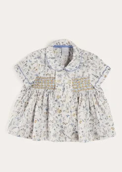 Tops & Shirts | Shirts | Pepa London Ellis Liberty Print Hand Smocked Short Sleeve Shirt in Blue (6mths-4yrs)