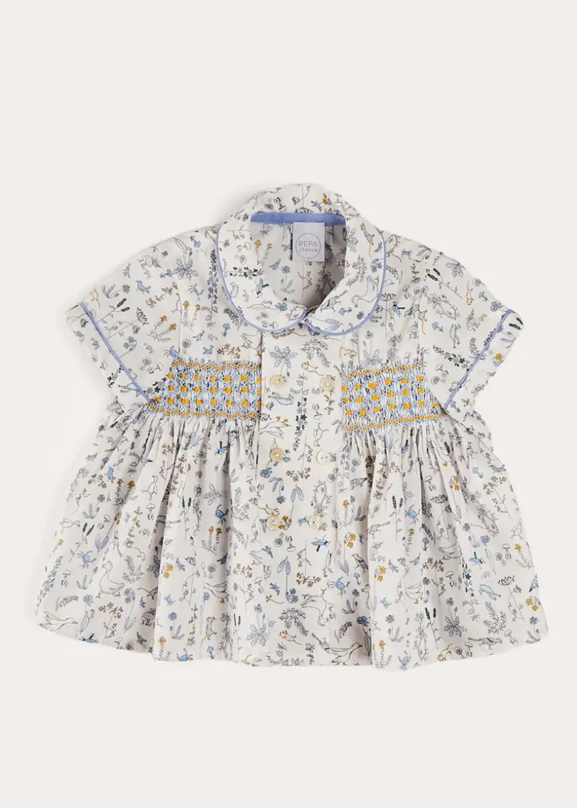 Tops & Shirts | Shirts | Pepa London Ellis Liberty Print Hand Smocked Short Sleeve Shirt in Blue (6mths-4yrs)