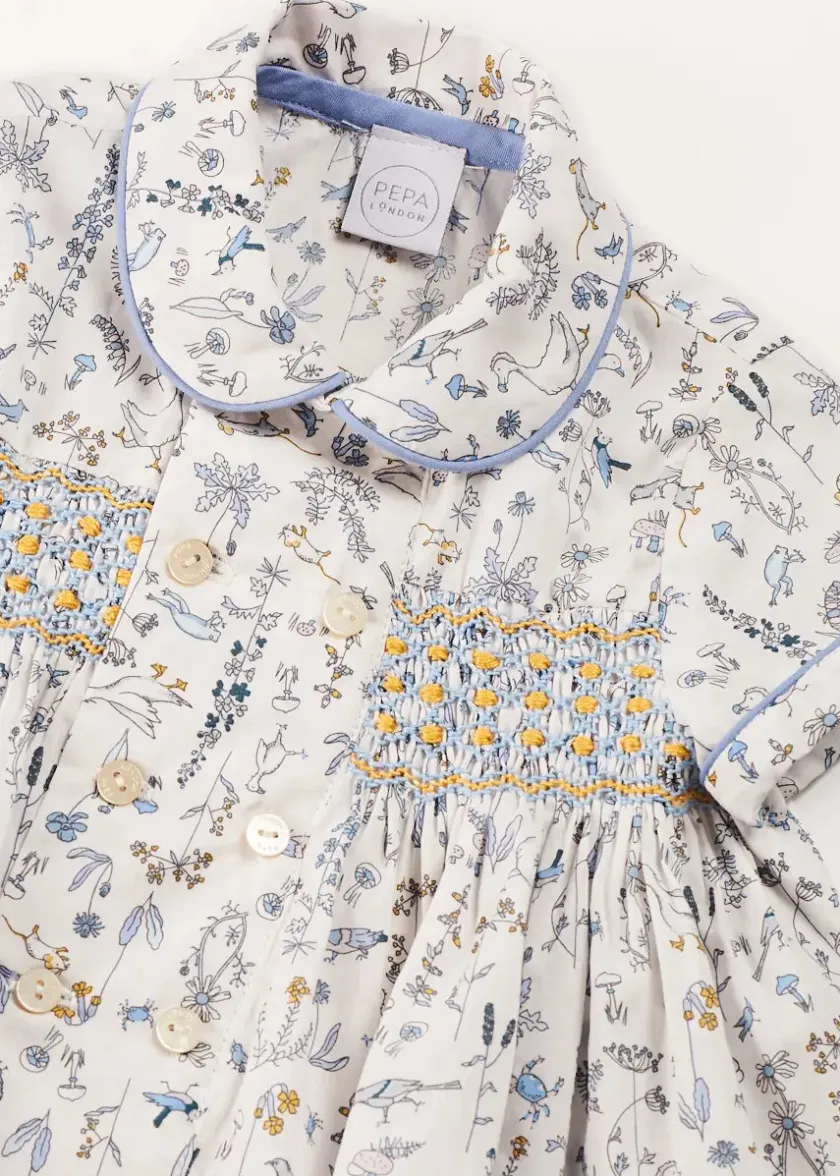 Tops & Shirts | Shirts | Pepa London Ellis Liberty Print Hand Smocked Short Sleeve Shirt in Blue (6mths-4yrs)