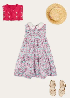 Lookbooks | Pepa London Eloise Floral Scallop Collar Sleeveless Dress in Pink (4-12yrs) | Viola Floral Bow Detail Boater Hat in Pink (S-M) | Leather Woven Detail Sandals in Beige (24-35EU) | Viola Floral Bow Detail Boater Hat in Pink (S-M)