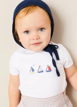 Lookbooks | Pepa London Embroidered Boat Motif Peter Pan Collar Bodysuit in White (1mth-3yrs) | Beaufort Striped Button Detail Bloomers in Red (3mths-3yrs) | Plain Cardigan in Navy (6mths-10yrs) | Openwork Knitted Bonnet in Navy (S-L) | T-Bar Pram Shoes in Red (17-20EU) | Ribbed Short Socks - Cream (0mths-10yrs)