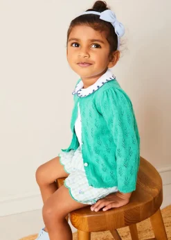 Lookbooks | Pepa London Embroidered Scallop Collar Short Sleeve Polo Shirt in Navy (2-10yrs) | Maxwell Gingham Scallop Trim Embroidered Shorts in Green (18mths-10yrs) | Floral Openwork Cotton Cardigan in Green (2-10yrs) | Canvas Plimsolls in Blue (20-35EU) | Blue Linen Big Bow Hairband | Flower Fairies of the Summer Book in White