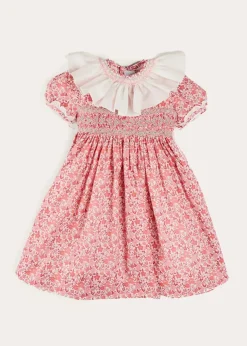 Dresses | Dresses | Pepa London Emilia Floral Hand Smocked Ruffle Collar Short Sleeve Dress in Pink (12mths-10yrs)