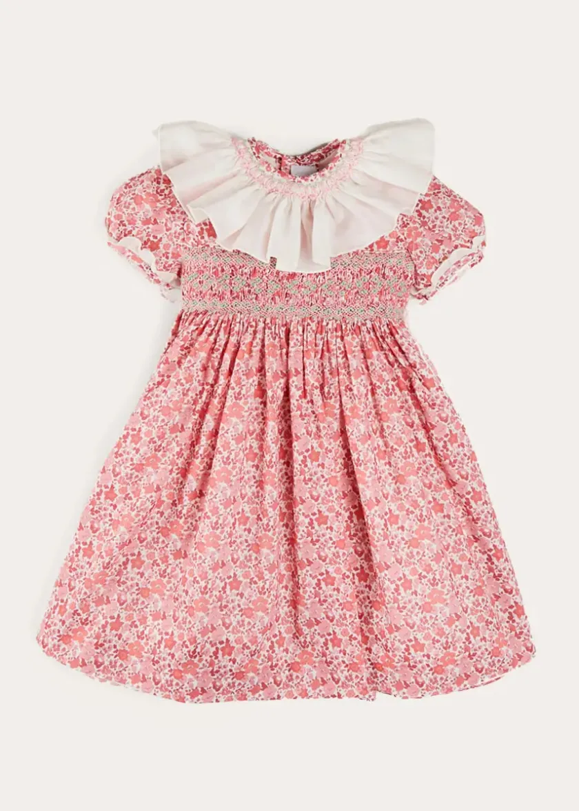 Dresses | Dresses | Pepa London Emilia Floral Hand Smocked Ruffle Collar Short Sleeve Dress in Pink (12mths-10yrs)