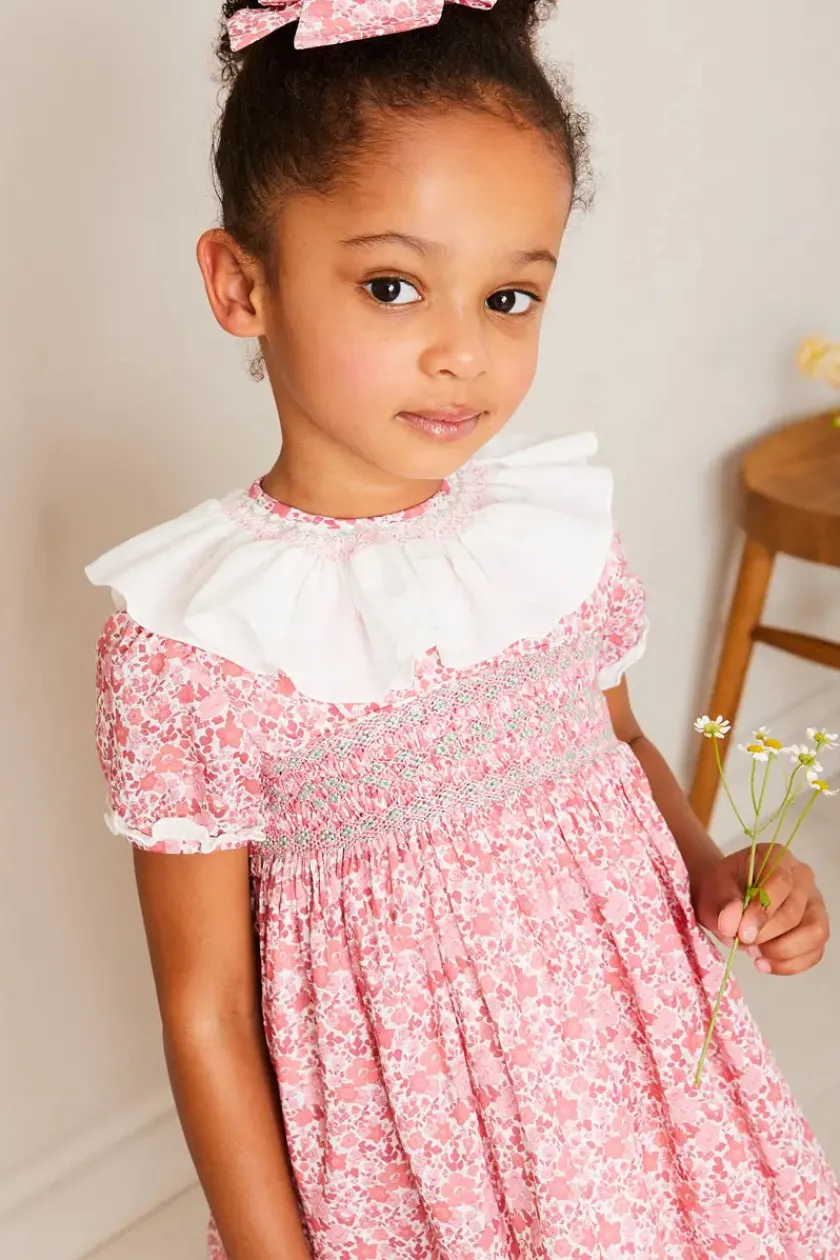 Dresses | Dresses | Pepa London Emilia Floral Hand Smocked Ruffle Collar Short Sleeve Dress in Pink (12mths-10yrs)