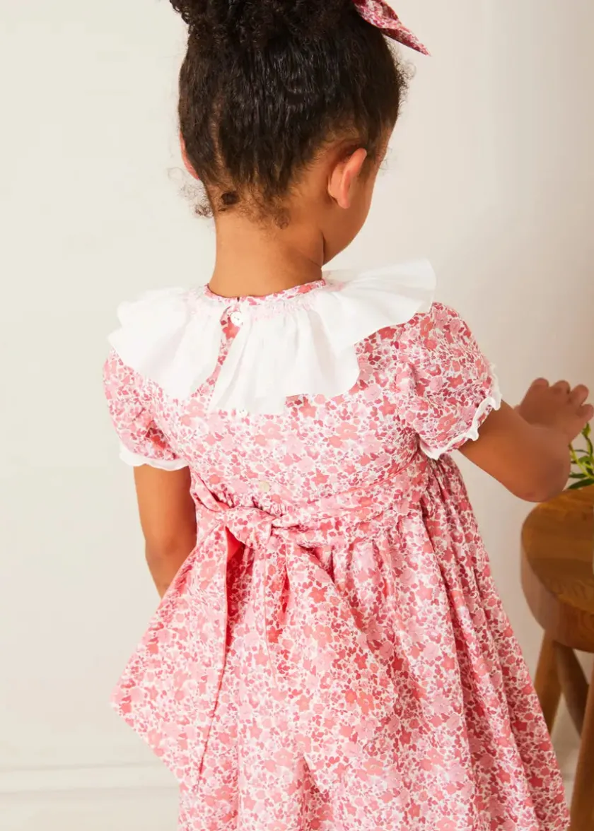 Dresses | Dresses | Pepa London Emilia Floral Hand Smocked Ruffle Collar Short Sleeve Dress in Pink (12mths-10yrs)