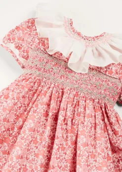 Dresses | Dresses | Pepa London Emilia Floral Hand Smocked Ruffle Collar Short Sleeve Dress in Pink (12mths-10yrs)