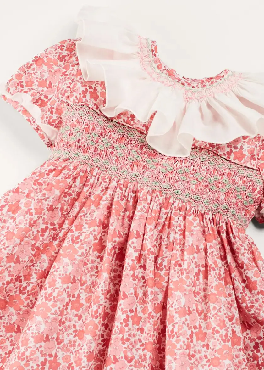 Dresses | Dresses | Pepa London Emilia Floral Hand Smocked Ruffle Collar Short Sleeve Dress in Pink (12mths-10yrs)