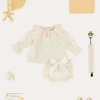 Lookbooks | Pepa London Esme Floral Ruffle Collar Long Sleeve Blouse in White (1-12mths) | Esme Floral Bow Detail Bloomers in White (1-12mths) | Openwork Detail Cotton Baby Cardigan in Tangerine (1-12mths) | Lace Detail Knitted Bonnet in Tangerine (1-12mths) | Celebration Ribbon Detail Mary Jane Pram Shoes in Beige (17-20EU) | Esme Floral Dummy Clip in White | Little Library Book in White