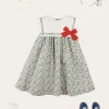 Lookbooks | Pepa London Evelyn Floral Sleeveless Bow Detail Trapeze Dress in Red (12mths-8yrs) | Openwork Cotton Cardigan in Cream (6mths-10yrs) | Evelyn Floral Thin Bow Hairband in Red | Openwork short socks White (0mths-8yrs)