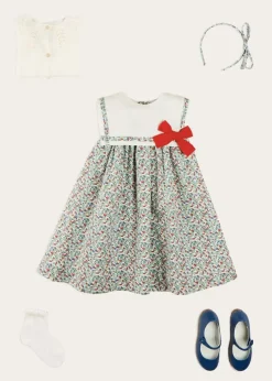 Lookbooks | Pepa London Evelyn Floral Sleeveless Bow Detail Trapeze Dress in Red (12mths-8yrs) | Openwork Cotton Cardigan in Cream (6mths-10yrs) | Evelyn Floral Thin Bow Hairband in Red | Openwork short socks White (0mths-8yrs)