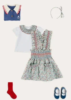 Lookbooks | Pepa London Evelyn Floral Smocked Detail Skirt With Braces in Red (18mths-6yrs) | Evelyn Floral Ruffle Collar Top in Red (2-10yrs) | Statement Collar Floral Embroidery Cardigan in Navy (2-10yrs) | Leather Mary Jane Baby Shoes in French Blue (20-26EU) | Evelyn Floral Thin Bow Hairband in Red | Ribbed Shorts Socks Red (0mths-10yrs)
