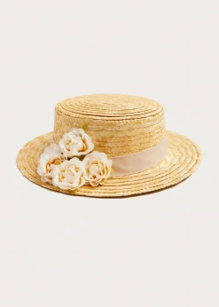 Hair Accessories | Hats | Pepa London Faux Flower Straw Boater Hat With Ivory Flower (S-M)