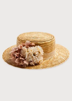 Hair Accessories | Hats | Pepa London Faux Flower Straw Boater Hat in Pink