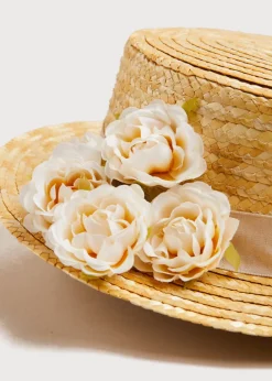 Hair Accessories | Hats | Pepa London Faux Flower Straw Boater Hat With Ivory Flower (S-M)