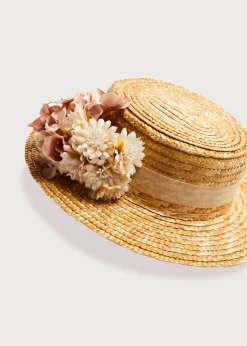 Hair Accessories | Hats | Pepa London Faux Flower Straw Boater Hat in Pink