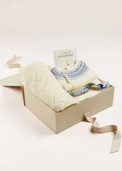 Curated Gift Boxes | Pepa London Gift boxes | Baby Bonnet In Cream (S-L) | BIBS Dummy in Blue | Intricate Openwork Fine Merino Wool Shawl in Cream
