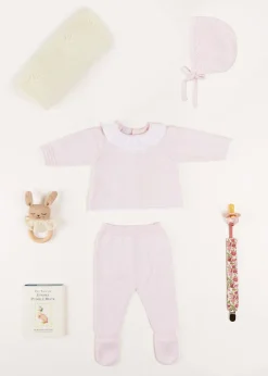 Curated Gift Boxes | Pepa London Gift boxes | Dot Detail Lace Collar Knitted Set in Pink (1-6mths) | Baby Bonnet In Pink (S-L) | Intricate Openwork Fine Merino Wool Shawl in Cream | BIBS Dummy in Pink