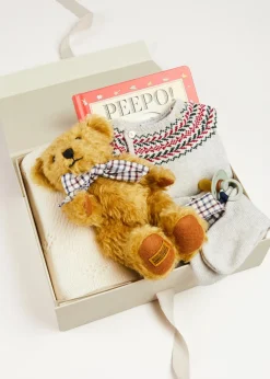 Curated Gift Boxes | Pepa London Gift boxes | Fair Isle Knitted 2 Piece Set In Grey (1-9mths) | Intricate Openwork Fine Merino Wool Shawl in Cream | BIBS Dummy in Sage Green | Bunny Teether in Green | Peepo Book In Red