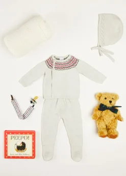 Curated Gift Boxes | Pepa London Gift boxes | Fair Isle Knitted 2 Piece Set In Grey (1-9mths) | Intricate Openwork Fine Merino Wool Shawl in Cream | BIBS Dummy in Sage Green | Bunny Teether in Green | Peepo Book In Red
