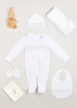 Knitwear & Cardigans | First Outfits | Pepa London Gift boxes | Green Hand Smocked Cotton All-in-One (0-18mths) | Newborn Hat with Green Hand Smocked Detail (0-3mths) | Green Hand Smocked Bib | Green Hand Smocked Towel | Green Hand Smocked Mittens