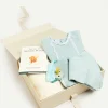 Curated Gift Boxes | Pepa London Gift boxes | Lace Detail Knitted Bonnet in Green (1-12mths) | Lace Trim Knitted Set in Green (1-12mths) | Intricate Openwork Fine Merino Wool Shawl in Cream | BIBS Dummy in Sage Green | Knitted Bunny Teether in Beige