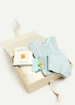 Curated Gift Boxes | Pepa London Gift boxes | Lace Detail Knitted Bonnet in Green (1-12mths) | Lace Trim Knitted Set in Green (1-12mths) | Intricate Openwork Fine Merino Wool Shawl in Cream | BIBS Dummy in Sage Green | Knitted Bunny Teether in Beige