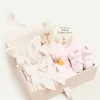 Curated Gift Boxes | Pepa London Gift boxes | Lace Detail Knitted Bonnet in Pink (1-12mths) | Openwork Detail Baby Cardigan in Pink (1-12mths) | Lace Detail Knitted Booties in Pink | Tilly Floral Print Bloomers With Bow Detail in Pink (1-6mths) | BIBS Dummy in Pink