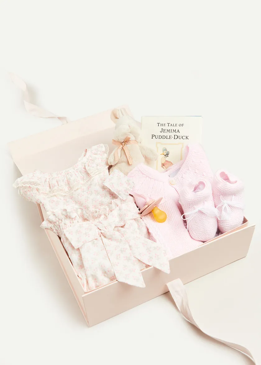Curated Gift Boxes | Pepa London Gift boxes | Lace Detail Knitted Bonnet in Pink (1-12mths) | Openwork Detail Baby Cardigan in Pink (1-12mths) | Lace Detail Knitted Booties in Pink | Tilly Floral Print Bloomers With Bow Detail in Pink (1-6mths) | BIBS Dummy in Pink