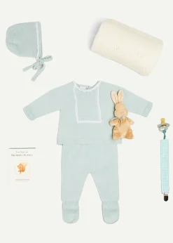Curated Gift Boxes | Pepa London Gift boxes | Lace Detail Knitted Bonnet in Green (1-12mths) | Lace Trim Knitted Set in Green (1-12mths) | Intricate Openwork Fine Merino Wool Shawl in Cream | BIBS Dummy in Sage Green | Knitted Bunny Teether in Beige