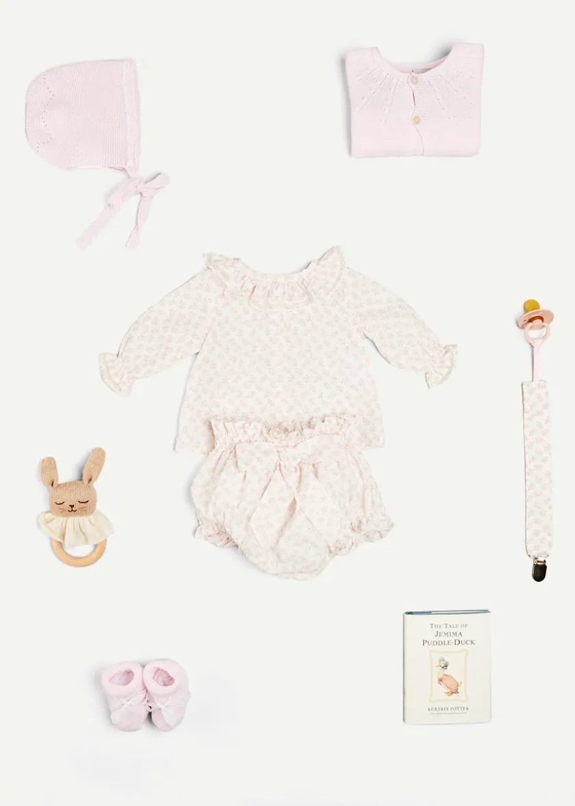 Curated Gift Boxes | Pepa London Gift boxes | Lace Detail Knitted Bonnet in Pink (1-12mths) | Openwork Detail Baby Cardigan in Pink (1-12mths) | Lace Detail Knitted Booties in Pink | Tilly Floral Print Bloomers With Bow Detail in Pink (1-6mths) | BIBS Dummy in Pink