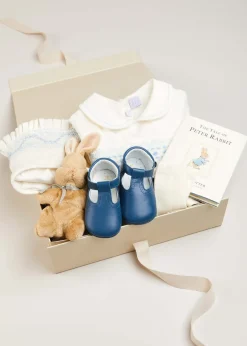 First Outfits | Gifting | Pepa London Gift boxes | Off White and Blue Hand Smocked Baby Bonnet | Plain high socks - Cream (0mths-10yrs) | Leather T-Bar Pram Shoes in Classic Blue (17-20EU) | My First Bunny in a Box - Blue