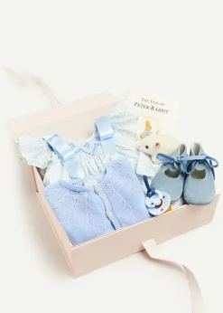 Curated Gift Boxes | Pepa London Gift boxes | Openwork Detail Baby Cardigan in Blue (1-12mths) | Suede Velvet Ribbon Pram Shoes in Blue (17-21 EU) | White Mouse Toy | BIBS Dummy in Blue