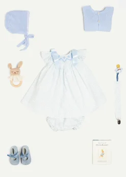 Curated Gift Boxes | Pepa London Gift boxes | Openwork Detail Baby Cardigan in Blue (1-12mths) | Suede Velvet Ribbon Pram Shoes in Blue (17-21 EU) | White Mouse Toy | BIBS Dummy in Blue