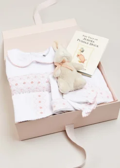 Knitwear & Cardigans | First Outfits | Pepa London Gift boxes | Pink Hand Smocked Cotton All-in-One (0-12mths) | Newborn Hat with Pink Hand Smocked Detail (0-3mths) | Pink Hand Smocked Bib | Pink Hand Smocked Towel | Pink Hand Smocked Mittens