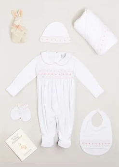 Knitwear & Cardigans | First Outfits | Pepa London Gift boxes | Pink Hand Smocked Cotton All-in-One (0-12mths) | Newborn Hat with Pink Hand Smocked Detail (0-3mths) | Pink Hand Smocked Bib | Pink Hand Smocked Towel | Pink Hand Smocked Mittens