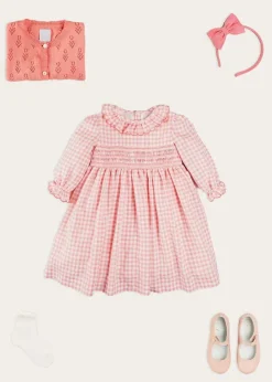 Lookbooks | Pepa London Gingham Smocked Ruffle Collar Long Sleeve Dress in Coral (12mths-10yrs) | Floral Openwork Cotton Cardigan in Pink (2-10yrs) | Girls Ivory Leather Mary Jane Shoes (20-34EU) | Raspberry Linen Hairband | Openwork short socks White (0mths-8yrs)