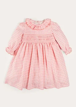 Dresses | Dresses | Pepa London Gingham Smocked Ruffle Collar Long Sleeve Dress in Coral (12mths-10yrs)