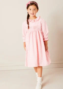 Dresses | Dresses | Pepa London Gingham Smocked Ruffle Collar Long Sleeve Dress in Coral (12mths-10yrs)