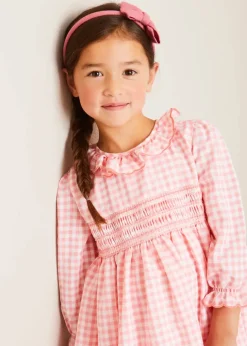 Dresses | Dresses | Pepa London Gingham Smocked Ruffle Collar Long Sleeve Dress in Coral (12mths-10yrs)