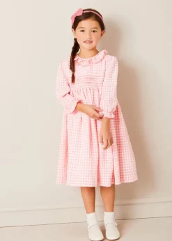 Dresses | Dresses | Pepa London Gingham Smocked Ruffle Collar Long Sleeve Dress in Coral (12mths-10yrs)
