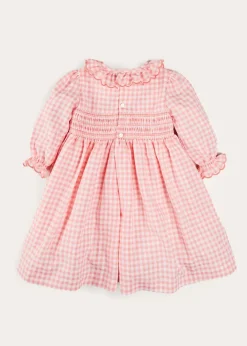 Dresses | Dresses | Pepa London Gingham Smocked Ruffle Collar Long Sleeve Dress in Coral (12mths-10yrs)
