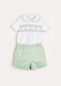 Two-piece Sets | Pepa London Hand Smocked Peter Pan Collar Short Sleeve Two Piece Set in Green (18mths-6yrs)